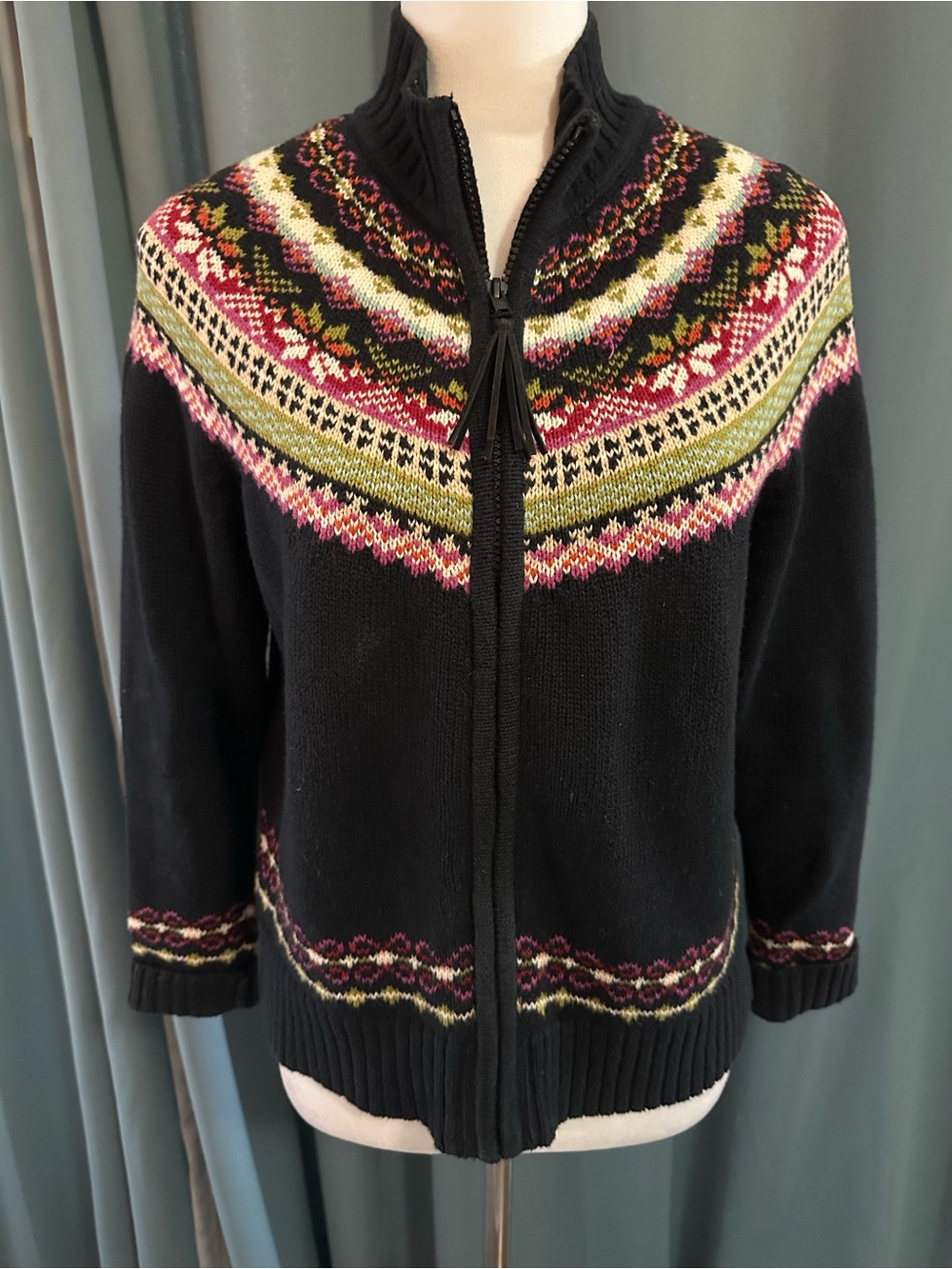 TIARA Petites PM Fair Isle Zip Cardigan Sweater Black Nordic Ramie Cotton